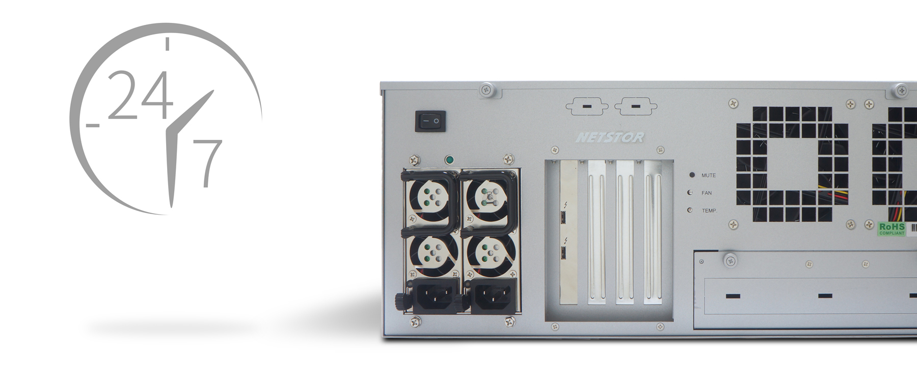 NA381TB3 will run 24/7 with no system downtime since the built-in server-grade 650W redundant PSU